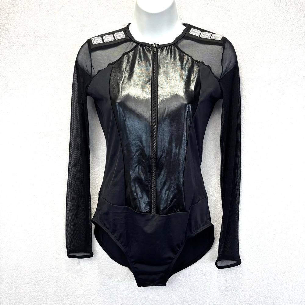 Weissman Black Mesh Long Sleeve Dance Leotard Womens Medium MA Faux Leather
